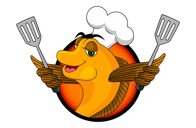 Ilustração bem-humorada de um peixe cozinheiro