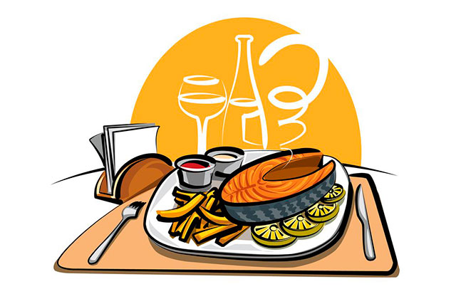 Ilustração de prato com salmão grelhado e batatas fritas. Ao redor, talheres, guardanapos e sombras de uma garrafa e uma taça de vinho.