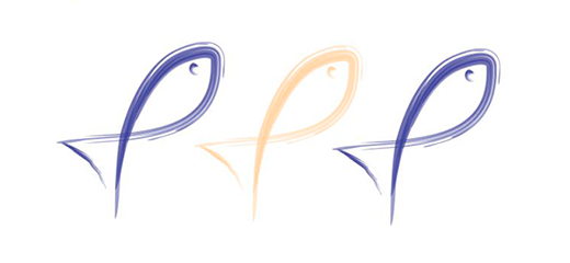 Ilustração de três peixes coloridos, nas cores azul e laranja